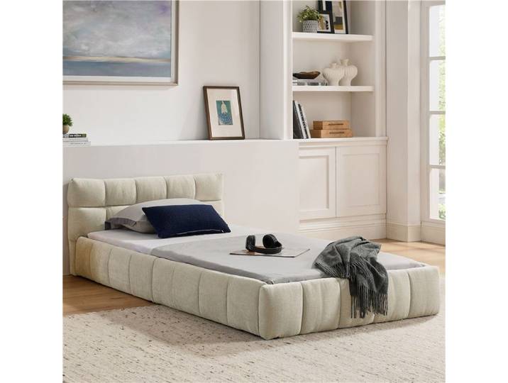 Lit individuel 90x200 cm en chenille soyeuse matelassage carré élégant cadre en bois d'eucalyptus et fer robuste montage simple