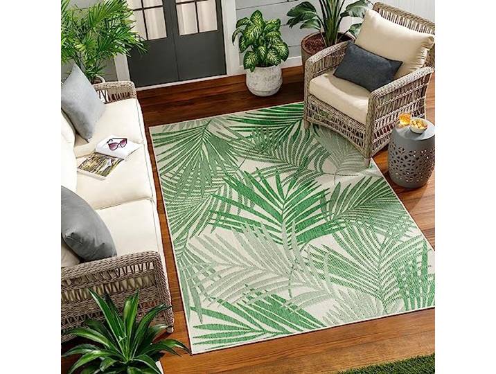 Livabliss Tarsus Outdoor wetterfest - In und Outdoor für Balkon 120x170 cm, Terrasse, Garten, Küche - e Boho Style für draußen - Grün und Elfenbein