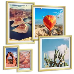 BILDER SET 5er Set - 50x50 cm & 20x30 cm & 40x60 cm Goldrahmen - Berge, Seen, Wälder, Wege