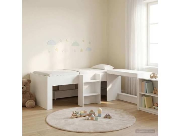RJPLMFV Hochbett für Kinder, Schreibtisch, integriert, 2-teilig, Weiß Holz, Lattenrost, einfache Montage, einfache Pflege