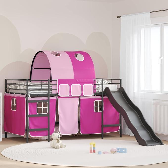 Kinder-Etagenbett Metallbett Schwarz und Pink 80 x 200 cm mit Lattenrost und Vorhängen für Kinderzimmer, stabiles Bettgestell mit Kopfteil und Rutsche, platzsparende Schlafgelegenheit