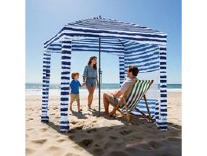 VEVOR Strand-Cabana, 183 x 183 cm Strandüberdachung mit Seitenwand, UPF 50+ Sonnenschutz, Strandpavillon mit Sandsäcken, tragbarer Sonnenschutz Sonnenschirm für Familie Freunde marineblaue Streifen