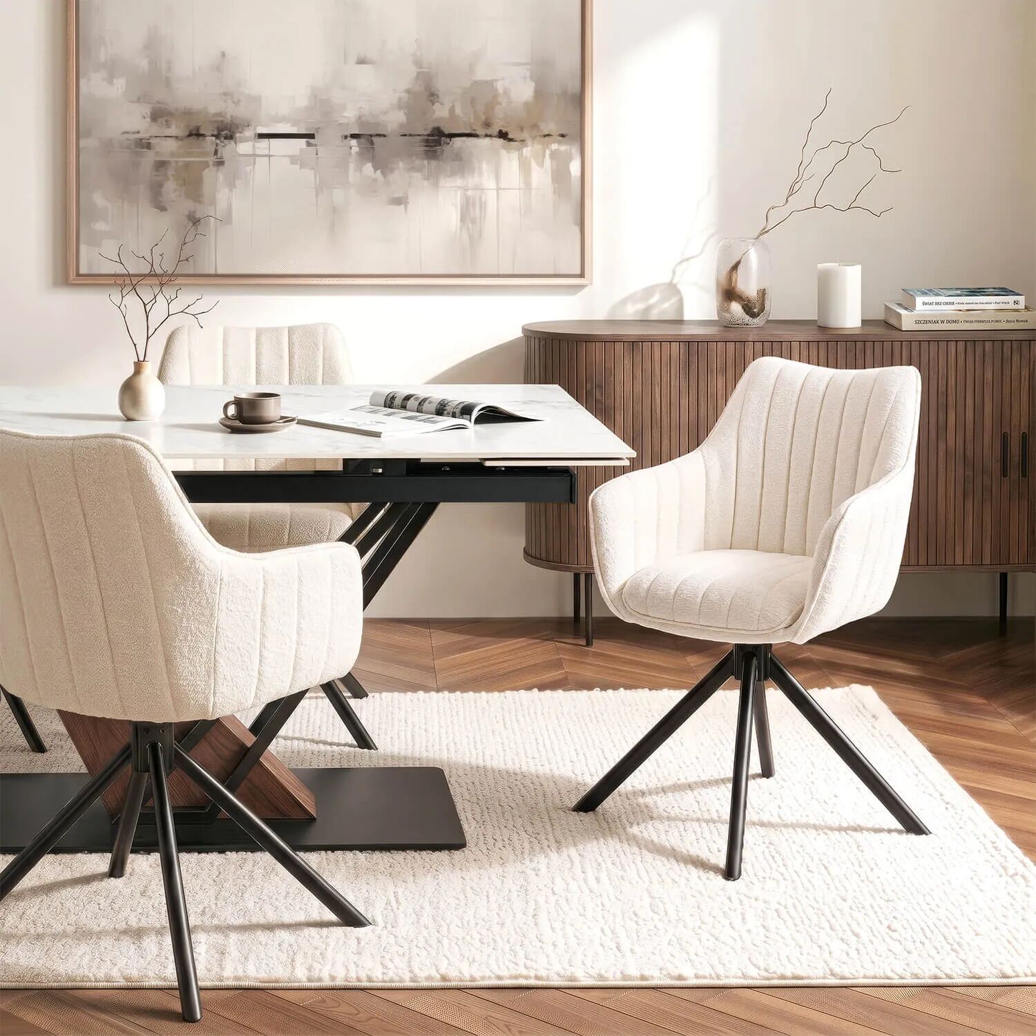 Edinos Premium Nowoczesne krzesło obrotowe boucle krem + czarny G0-B52