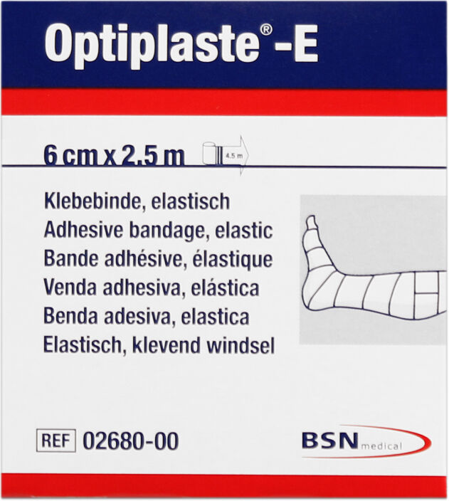 Optiplaste-E (ex-Elastoplast-E) 6 cm x 2,5 metros: Ligadura elástica adesiva de algodão e viscosa