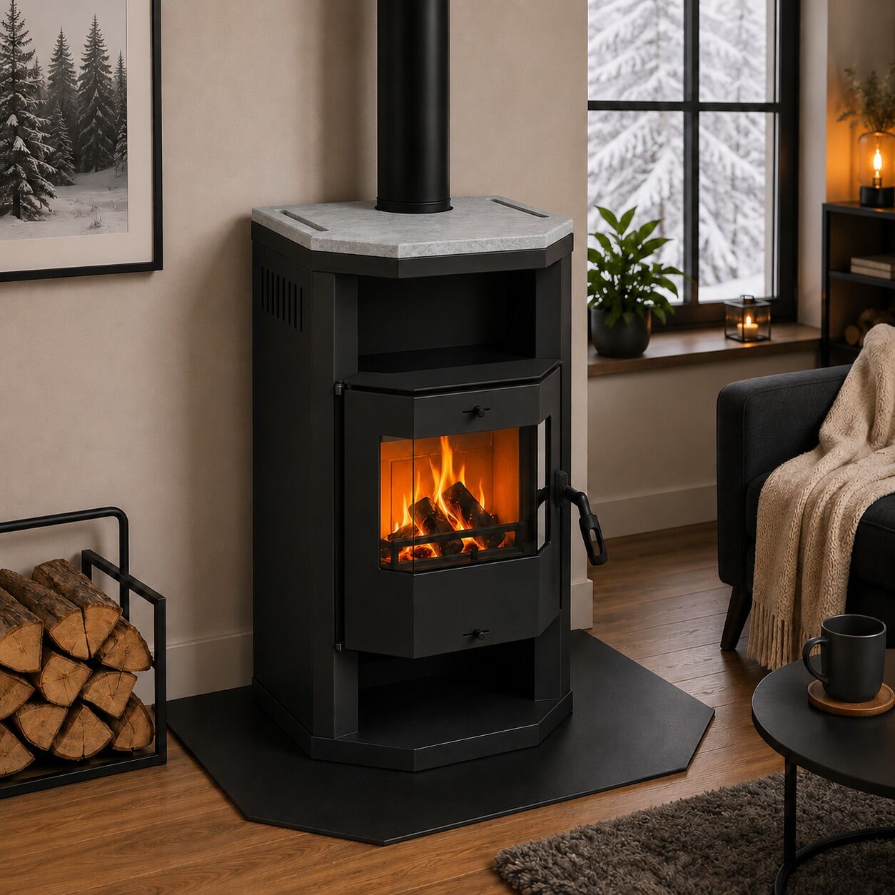 HANSEATIC Kaminofen "Prios Top-Stein, Exklusiv, Lieferung bis ins Wohnzimmer", Energieeffizienz: A, schwarz, Kaminöfen, Prismatisch, Kaminofen
