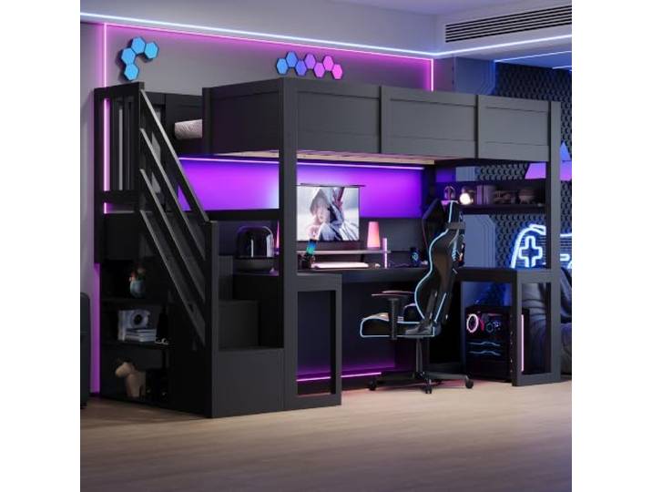 BTM Gaming Hochbett 90x200 mit Schreibtisch & Treppe Schwarz mit Schreibtisch, Treppe, LED, USB
