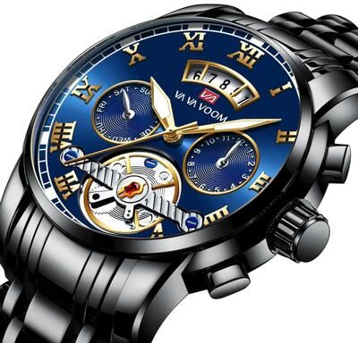 Uplifted Goods Luxury Stainless Steel Mens Watch With Luminescent Display black Blue Face