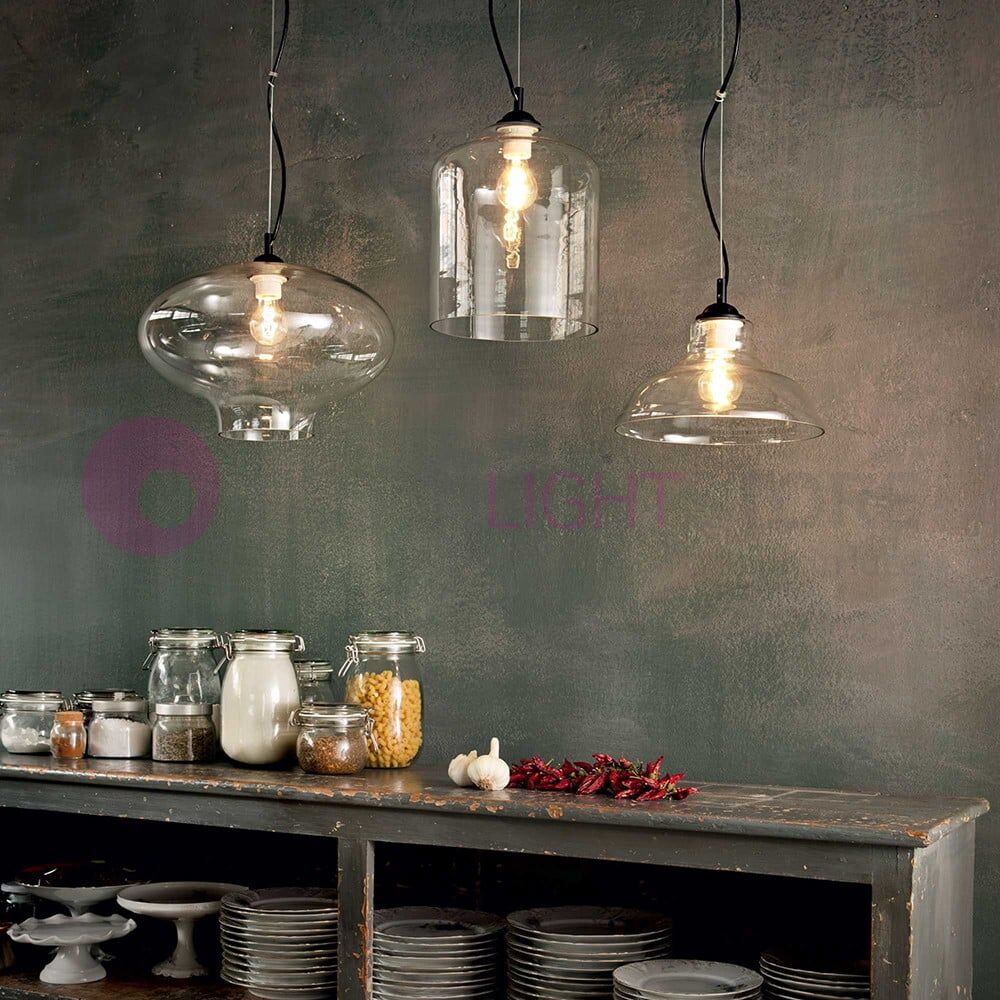 Bistro' Ideal Lux Sospensione Ampolla In Vetro Stile Industrial