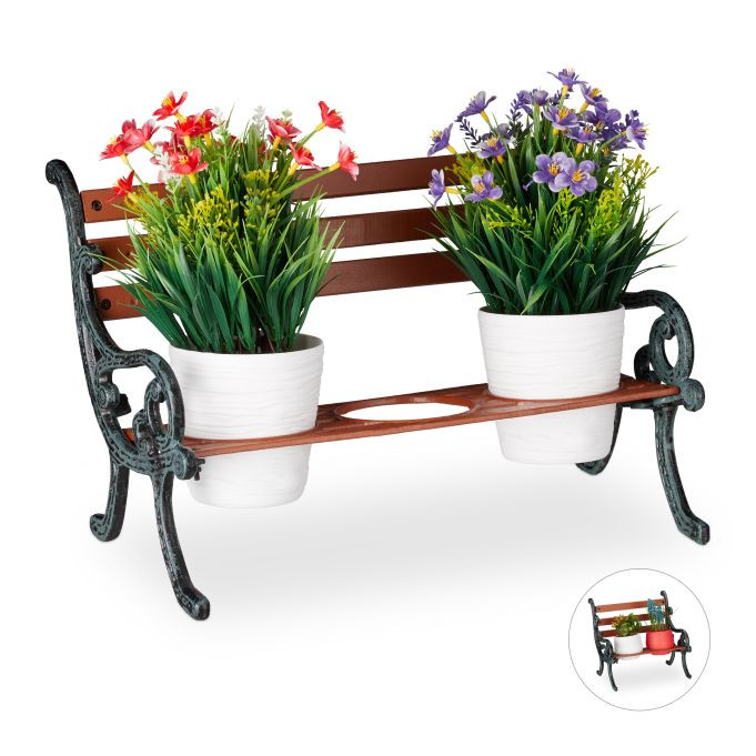 Relaxdays Mini Plantenrek van Gietijzer en Hout, Pothouder voor 3 Bloempotten, Bruin/Grijs-groen