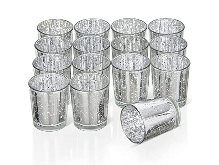 THE TWIDDLERS - Set van 15 Hoogwaardige Gespikkelde Theelichthouders - 5x6cm Glazen Kaarsenhouder - Woondecoratie, Tafelstuk, Keukenaccessoire (Zilver)