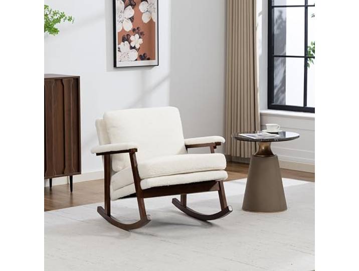 Ropilly Mid-Century Schaukelstuhl aus Samt mit Holzgestell weiß Gepolsterter Sessel mit Lendenkissen für entspanntes Sitzen im Wohnbereich.