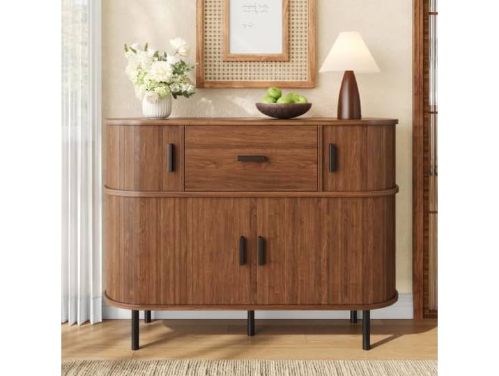Merax Sideboard 110x35x81,5 cm mit Schiebetüren, Schublade & Stauraum – zweistufig, Nussbaum