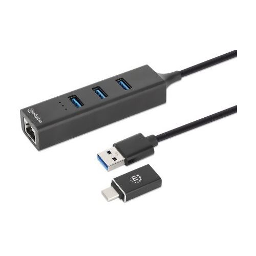Manhattan 3-Port USB 3.0 Typ-C/A Kombo-Hub + Netzwerkadapter