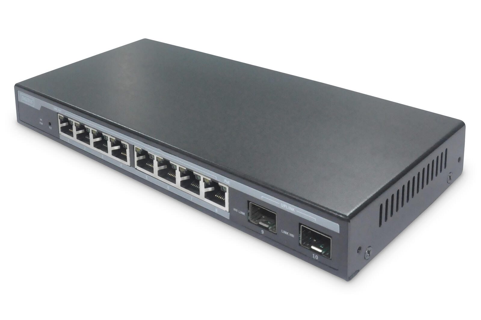 Digitus 8-Port Gigabit PoE Netzwerkswitch, Desktop, L2 managed, 2 Uplinkports, SFP, 86 W, af/at DN-95344