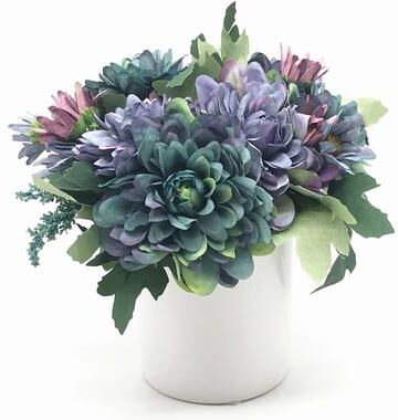 Enova Home Artificial Blue Silk Daisy and Mixed Fake Flowers Arrangement in White Ceramic Vase for Home Office Decoration