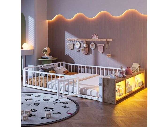 Lit enfant en métal 140x200 cm avec barrière de protection blanc