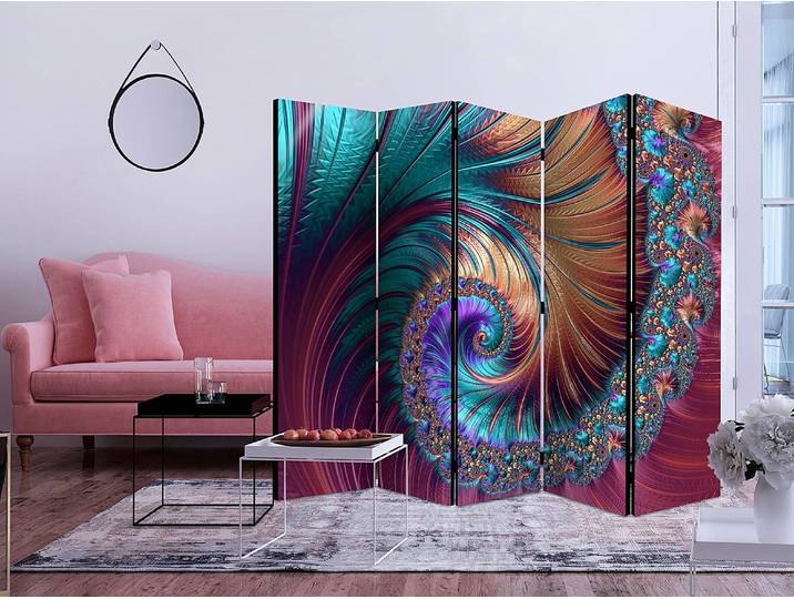 Paravent Peacock Tail 1-seitig Vlies auf Kiefer Massiv Multicolor 225 x 172 x 3cm