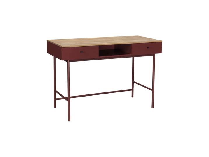 Bureau décor bois et fer 2 tiroirs 1 casier bordeaux