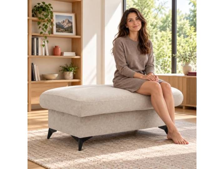 MUFFO Polsterhocker mit Stauraum Samt 115x67 cm Beige Aufklappbare Sitzfläche, weiche Schaumstoffpolsterung und 10,5 cm hohe Metallbeine