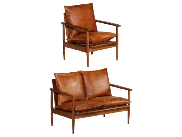 pokgdf 2-TLG. Sofagarnitur Braun Echtleder Massivholz Akazie Handgefertigt, Honigfarben, Vintage-Stil, 110 kg pro Sitzplatz, Wohnzimmer