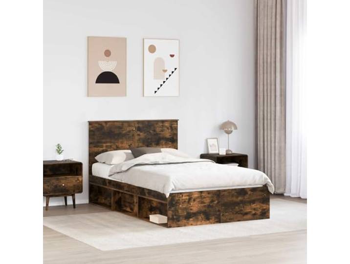 KTHLBRH Bettgestell Eiche Rauchgrau 120 x 190 cm Kiefer massiv Technisches Holz, feste Latten, minimalistisches Design, Doppelzimmer