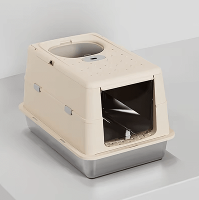 Inspire Curations CleanPaws Stainless Steel Cat Litter Box With Flip Cover & Anti Tracking Mat s khaki