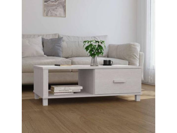 HEFZGDB HAMAR Couchtisch aus Massivholz Kiefer Weiß 100x55x35 cm mit Schublade und Fach für Stauraum, Stabiler Wohnzimmertisch, Beistelltisch mit Tischplatte, dekoratives Möbelstück