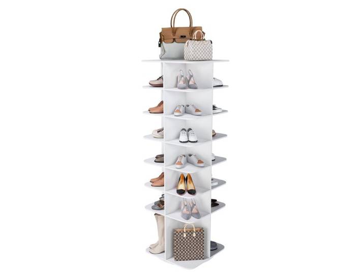 ELVORIN Meuble a chaussures rotatif sur pied 59 94 x 45 97 x 183 9 cm 7 niveaux jusqu'a 28 paires PVC blanc