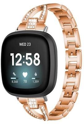 Everyday Crate Fitbit Versa 4 Versa 3 Sense 2 Sense Diamond Metal Watch Band X Shape Rhinestone Replacement Strap rose Gold