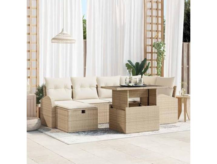 Gartensofa-Set 7 Stk. Beige Poly-Rattan Modular mit Kaffeetisch, Sicherheitsglas, UV-Beständig, Für Terrasse