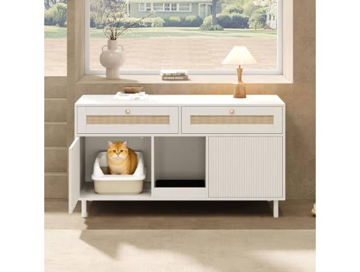 Katzentoilettenschrank Weiß Holz mit Sandfangmatte Haustierschrank als Sideboard mit Rattanschublade, Doppeltür-Möbel für 2 Katzenklos, ohne Box, 120x50x65 cm