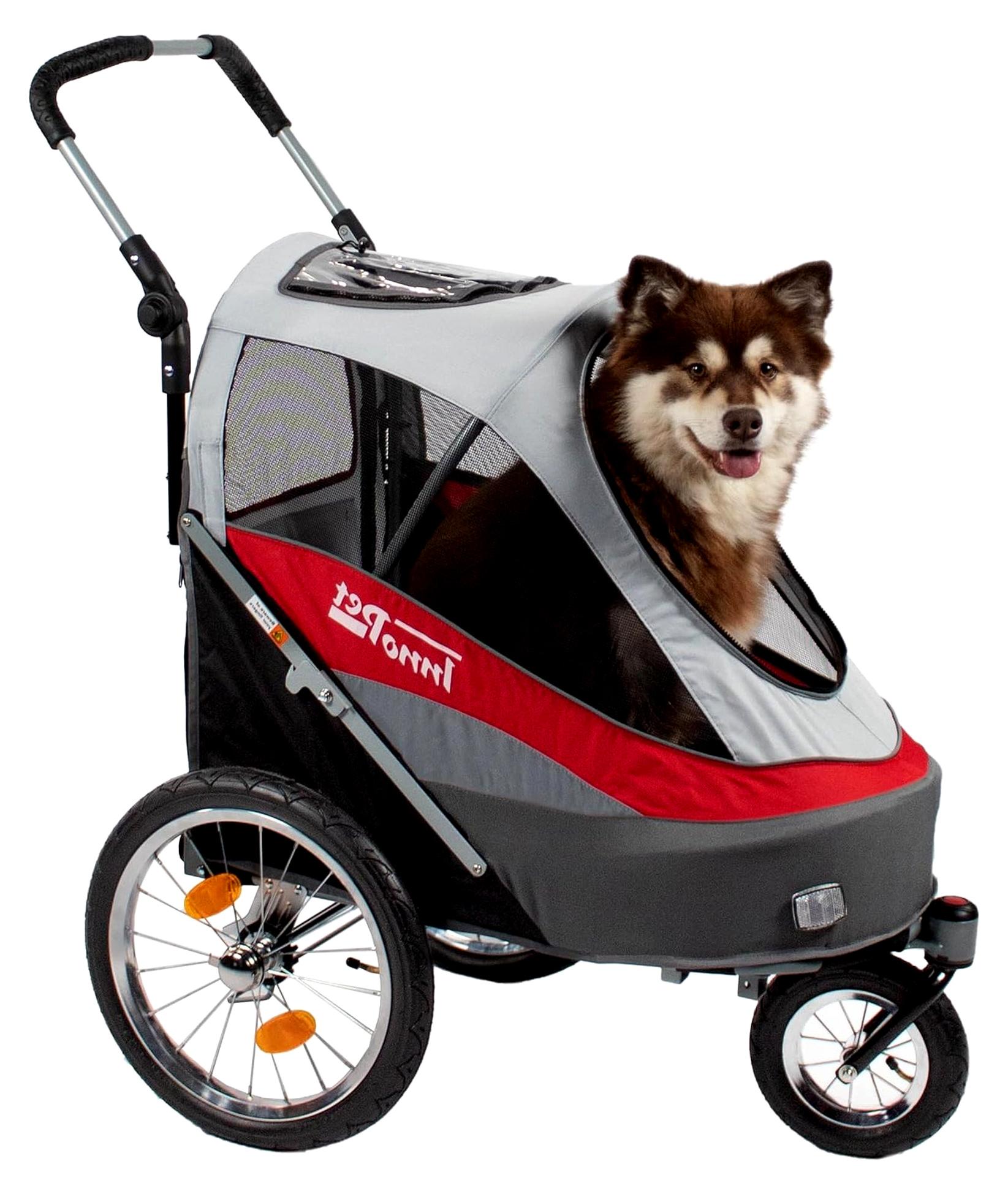 Hundebuggy und Fahrradanhänger für Hunde Sporty Dog Trailer Deluxe - Rot/Weiß - zusammenklappbar - mit Regenschutz - Luftreifen - Fahrradkit inklusive