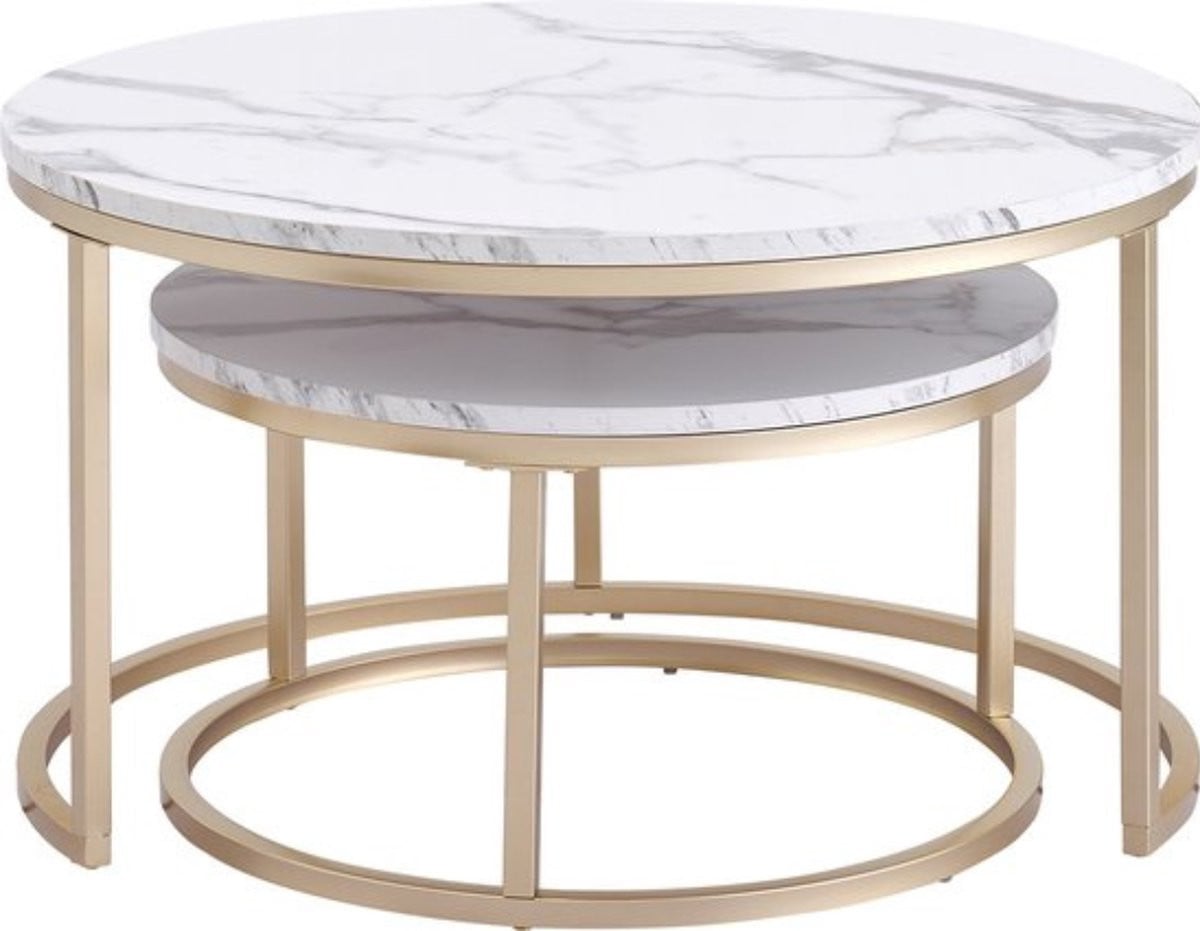 Thuys Set van 2 Moderne Salontafels – Marmer Look – Rond – Wit/Goud