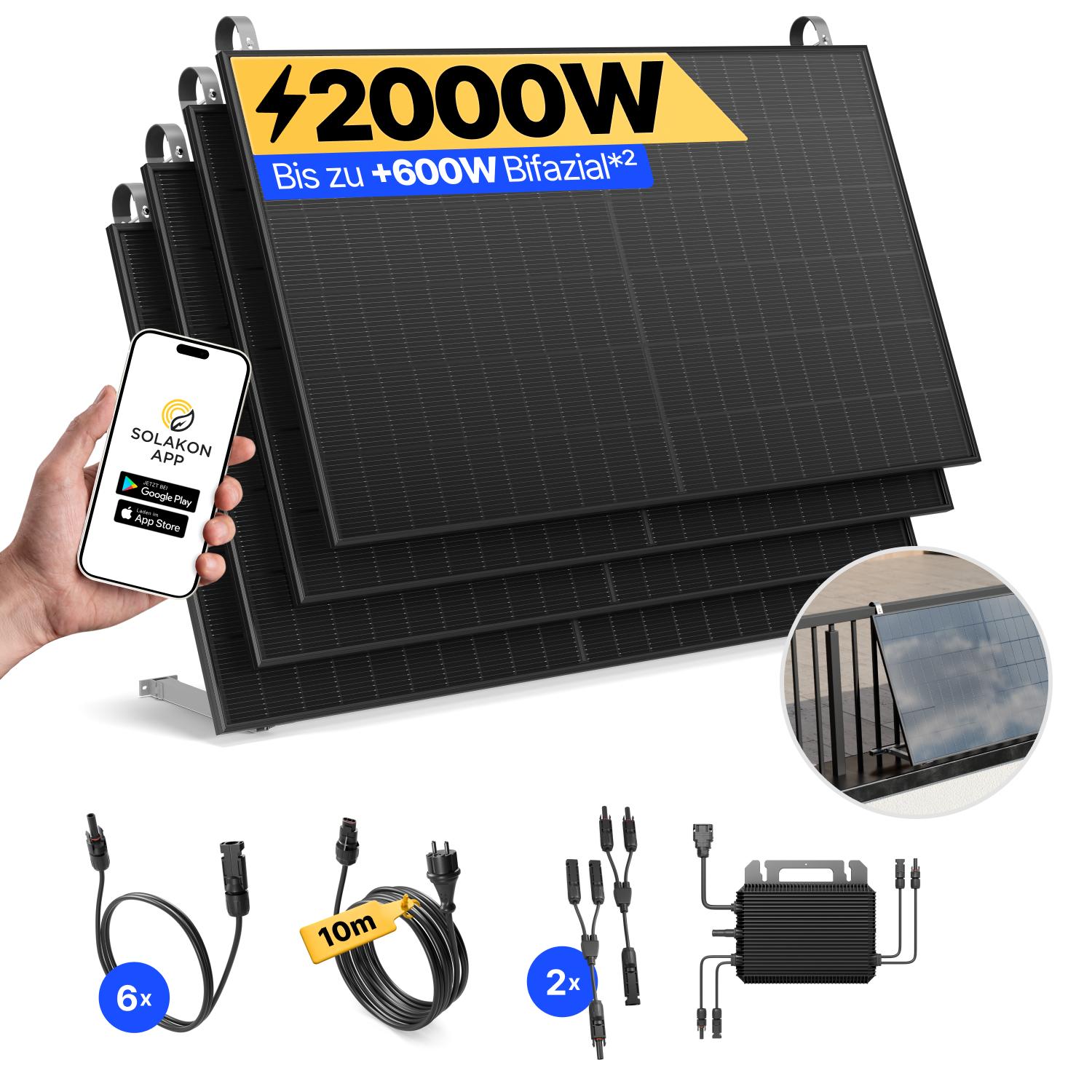 Balkonkraftwerk 2000W Solaranlage mit Balkon Halterung Steckerfertig Komplettset Photovoltaik Anlage 800W, Kabellänge: 10m, Solakon - onPower