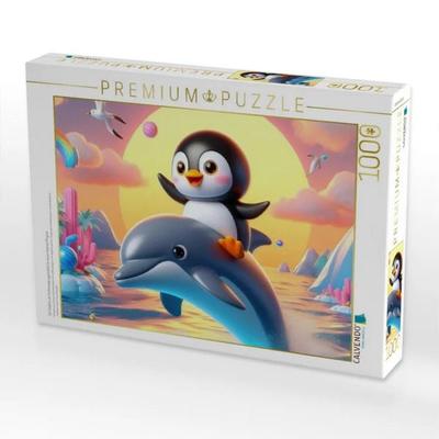 CALVENDO Puzzle Ein Delphin als Fortbewegungsmittel für einen kleinen Pinguin | 1000 Teile Lege-Größe 64x48cm Foto-Puzzle für glückliche Stunden