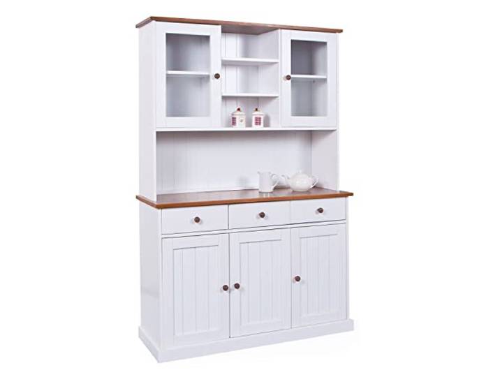 Dmora Sideboard mit drei Türen und drei Schubladen mit oberer Vitrine, weiß mit braunen Details, 131 x 181 x 45 cm