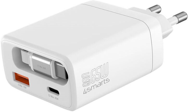 4smarts Vægoplader PD (Power Delivery) 65W Jojo m. USB-C / USB-A og USB-C Kabel - Hvid