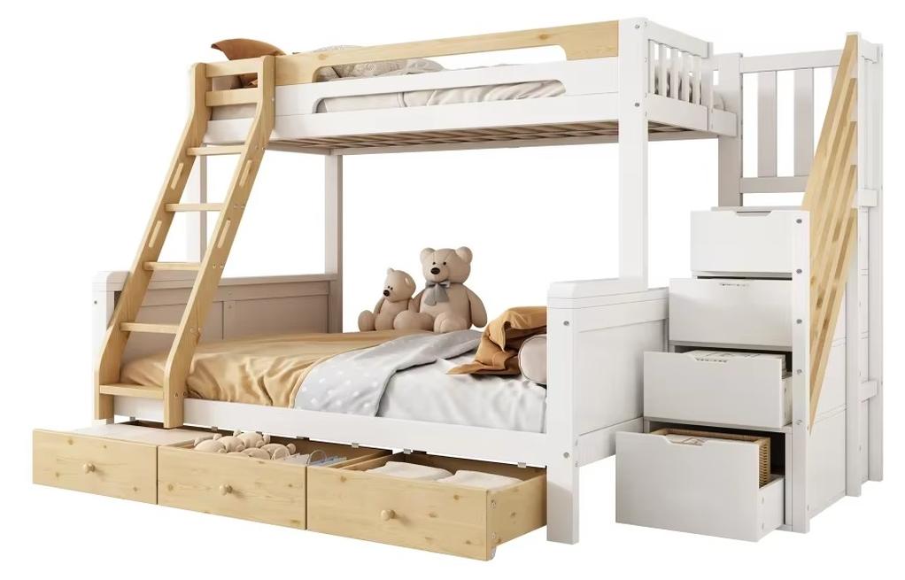 Familien-Etagenbett - Etagenbett - 90 × 200 + 140 × 200 cm - Massivholz und MDF - Stauraumtreppe - 3 Schubladen - Sicherheitsgitter - Weiß/Natur