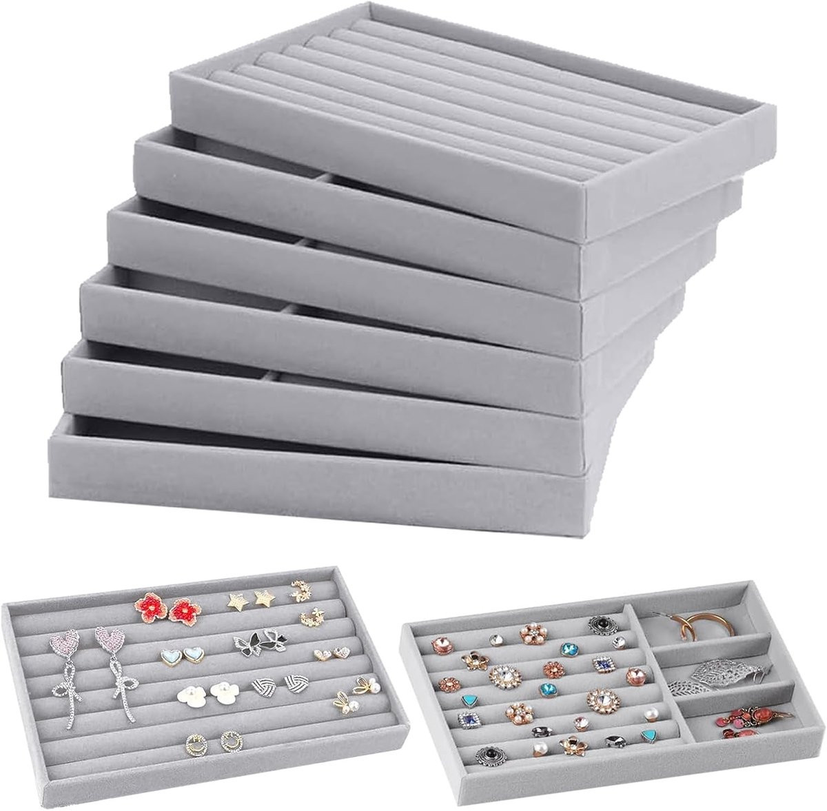Set van 6 fluwelen lade-organizers voor sieraden en sieradendienbladen
