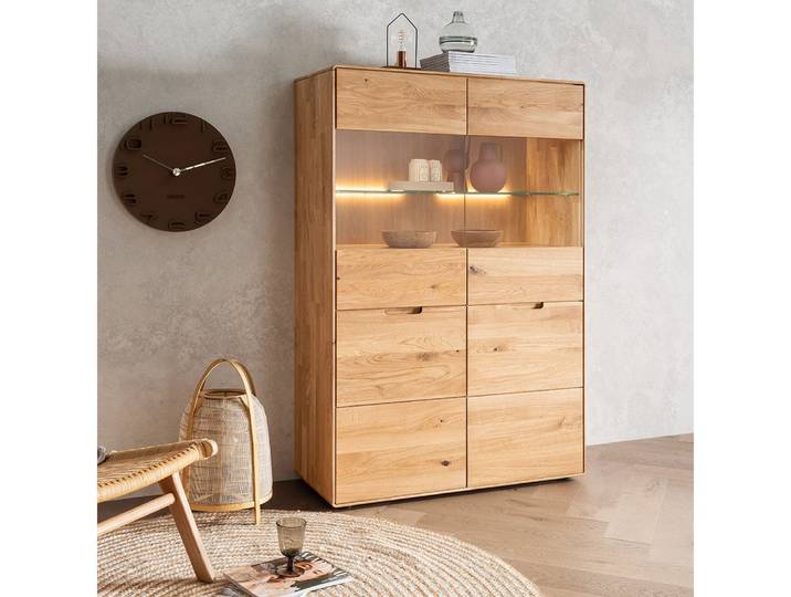 Lomadox Highboard WISLA-69, Eiche massiv, 100 cm, LED Beleuchtung, Softclose, montiert