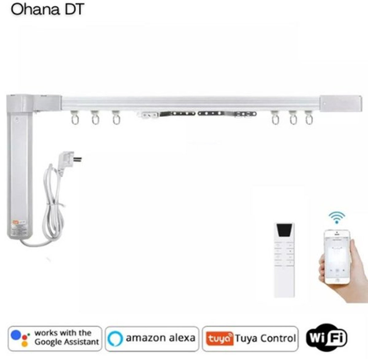 Ohana DT Elektrische gordijnrails - Smart Wifi gordijnrails met Google Assistant en RF afstandsbediening - Wit - 6,1 meter