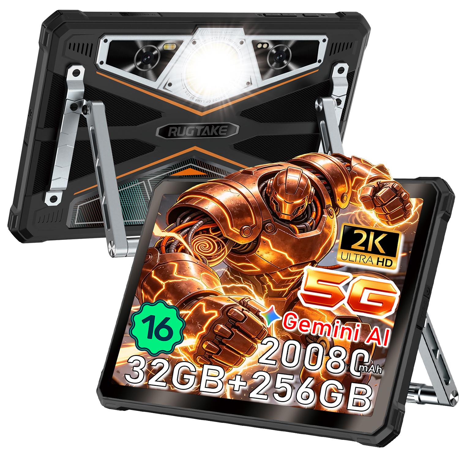 RUGTAKE T5 Pro 5G Tablet 11 Zoll 120Hz 2K IPS,Android 16 Outdoor Tablet 20080mAh,32GB+256GB,64MP+20MP Nachtsichtkamera,Gemini AI/ Widevine L1, Orange
