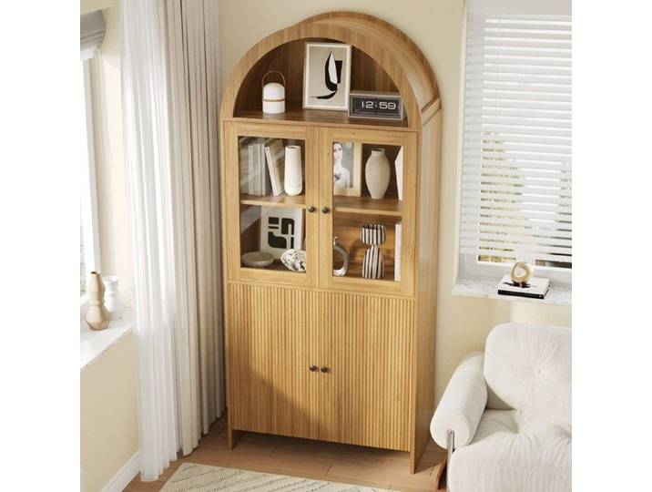 Buffet haut vitré AESVAR design arrondi 78 x 40 x 176 cm bois naturel portes en verre