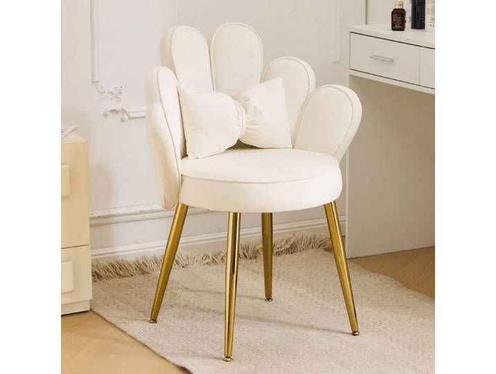 Fauteuil avec Dossier pétale Chaise Coiffeuse Fauteuil Relax de Salon avec Pied Doré Blanc