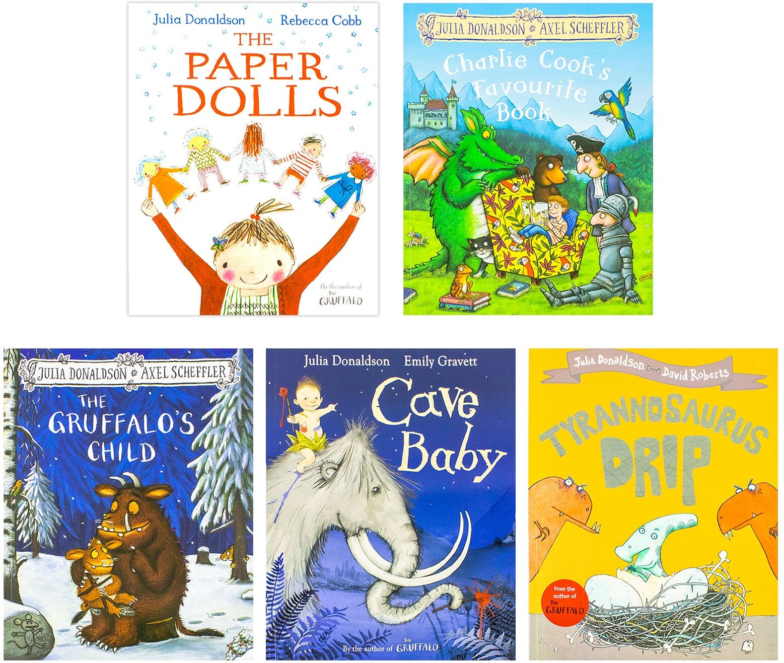 Macmillan Children's Books Julia Donaldson Collection 5 Books Set - The Gruffalo's Child, Charlie Cook's Favourite Book, Tyrannosaurus Drip, Cave Baby, The Paper Dolls