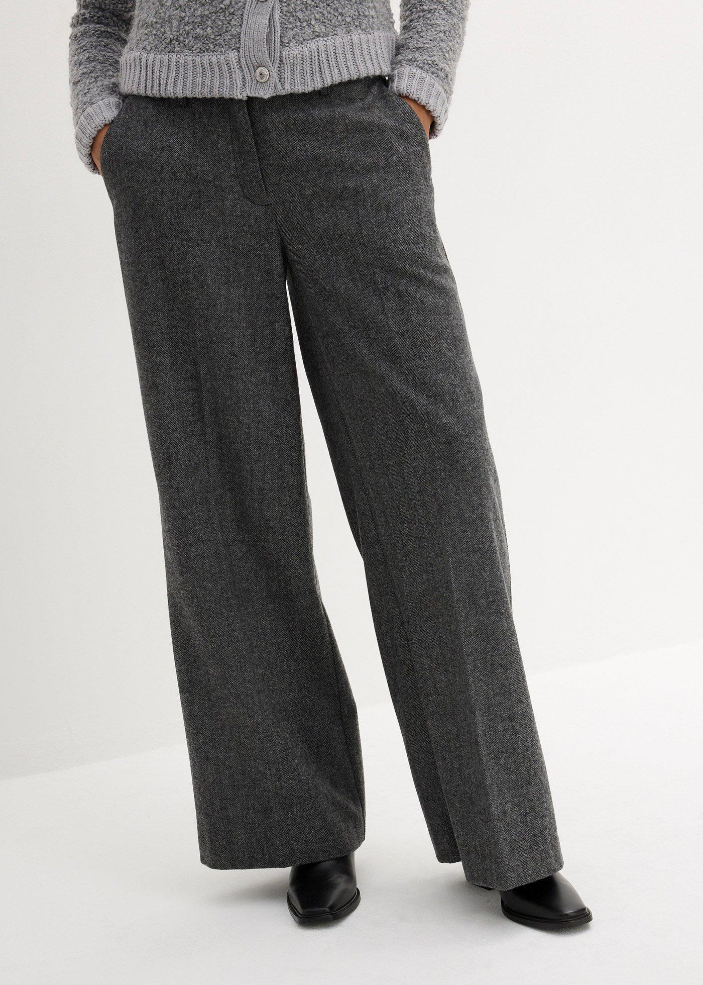 bonprix Wollhose mit Fischgratmuster, grau, Gr.54, hochwertige Hose mit weitem Bein und hohem Wollanteil, mit Kniefutter, aus Wolle