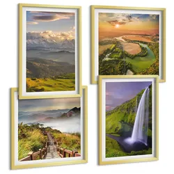 BILDER SET 4er Set - 50x50 cm & 40x60 cm Goldrahmen - Ausblicke auf Berge, Flüsse und Wasserfälle