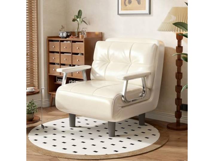 Sessel, Schlafsofa, 1-Sitzer, Kunstleder, abnehmbarer Sessel – weiches Kissen, hoher Komfort für Wohnzimmer und Büro (Perlmutt-Weiß)