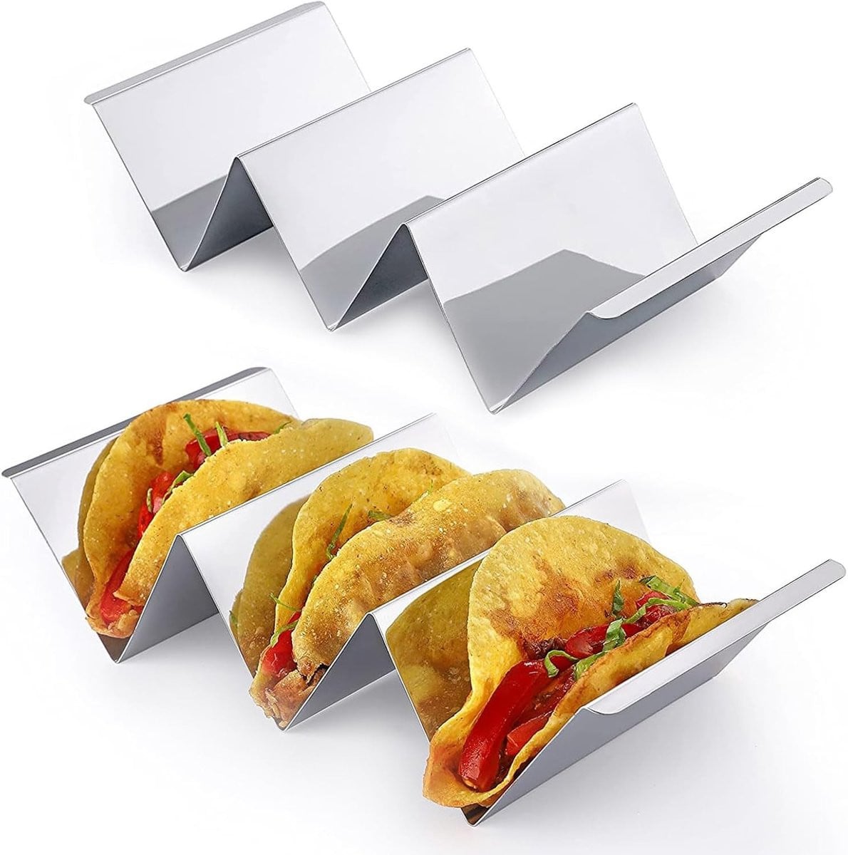 Set van 2 zilverkleurige tortilla- en taco houders van roestvrij staal, vaatwasmachinebestendig