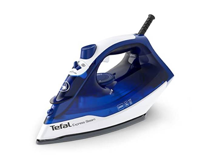 Tefal Express Steam Dampfbügeleisen, 2400 Watt, Dampfstoß: 180 g/Min., 270 ml Fassungsvermögen, schnelles Aufheizen und effizientes Bügeln, Keramik-Bügelsohle, Tropfstopp, blau, FV2838
